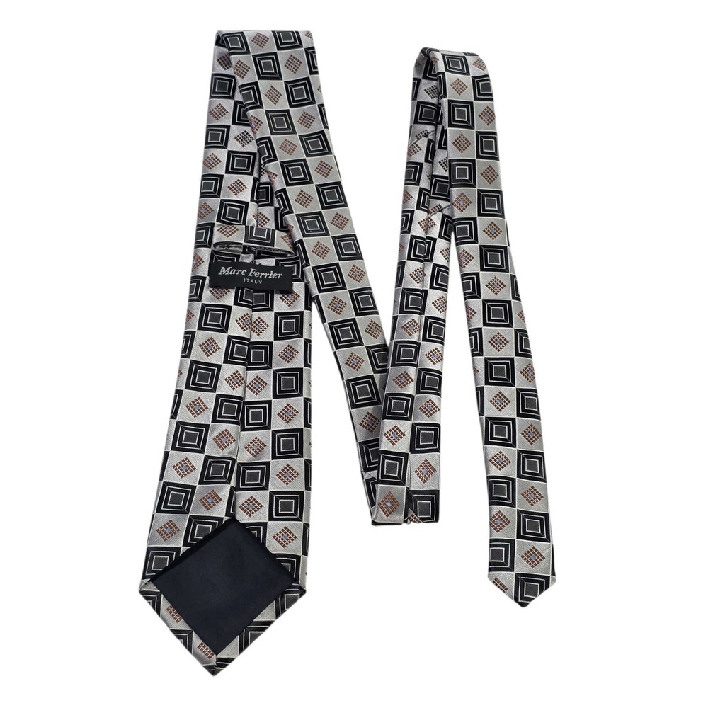 Marc Ferrier‎ Silk Blend Mens Geometric Pattern Necktie Silver Black Brown Power